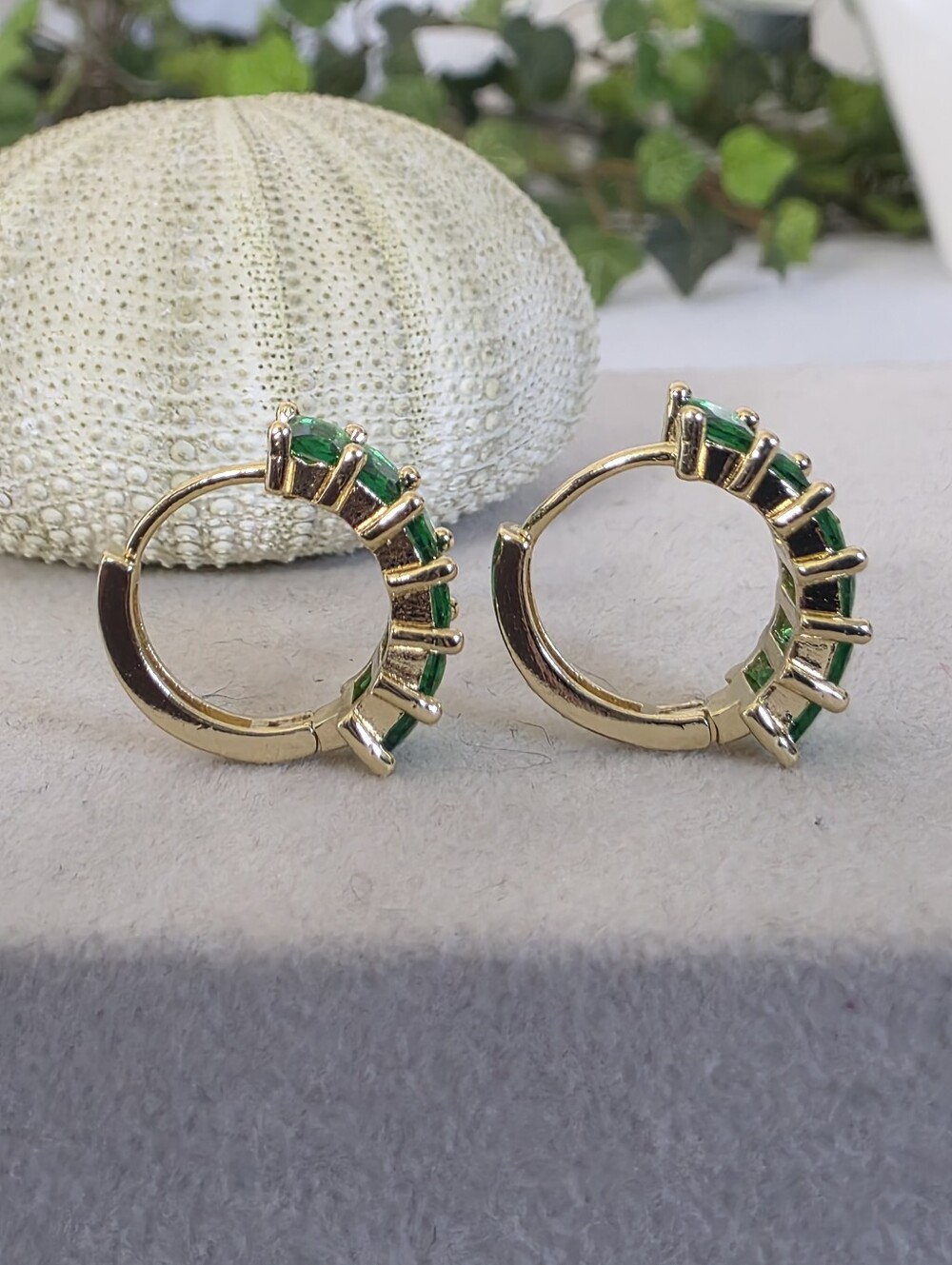 14K Gold Filled Emerald Green Baguette Huggie Hoop Earrings - Picture 3 of 7